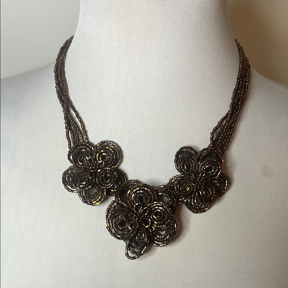 Three Large Gold Beaded Daisy Flowers on Multi-Strand Bead Necklace